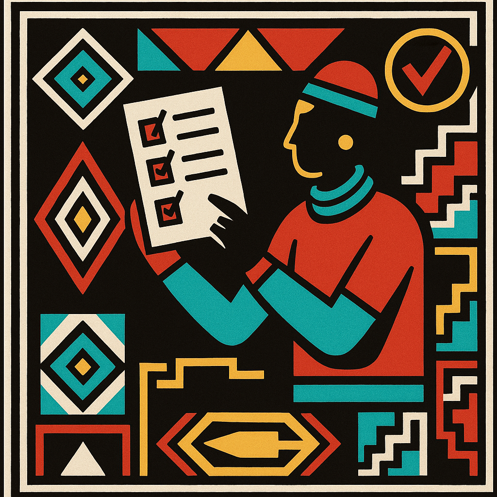 Ndebele-inspired stylized illustration of a person reviewing documents and verifying casino conditions before signing up
