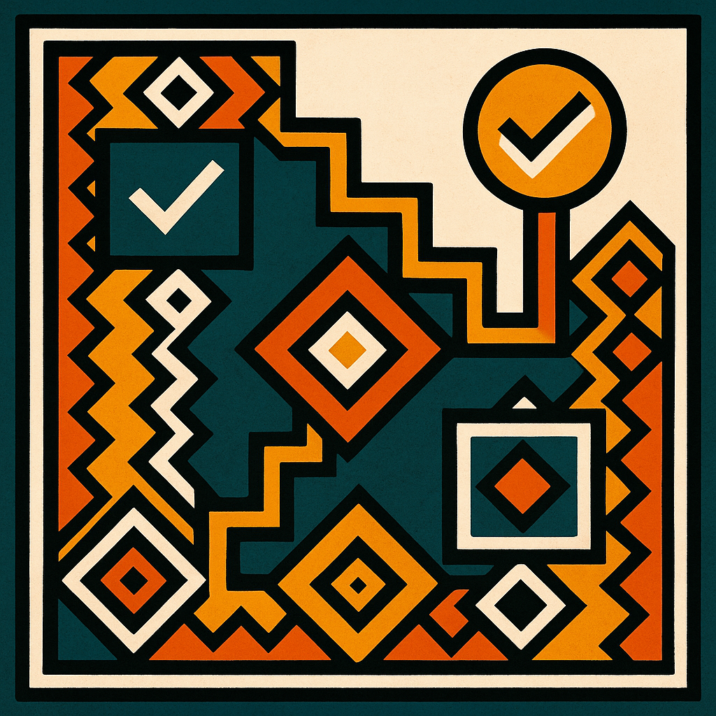 Ndebele-inspired editorial illustration showing transaction flow stages from withdrawal request to fund arrival